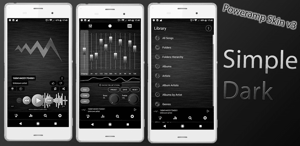 Poweramp-v3-Skin-Feature-Grafik für eine kontrastreiche Android-Music-Player-UI
