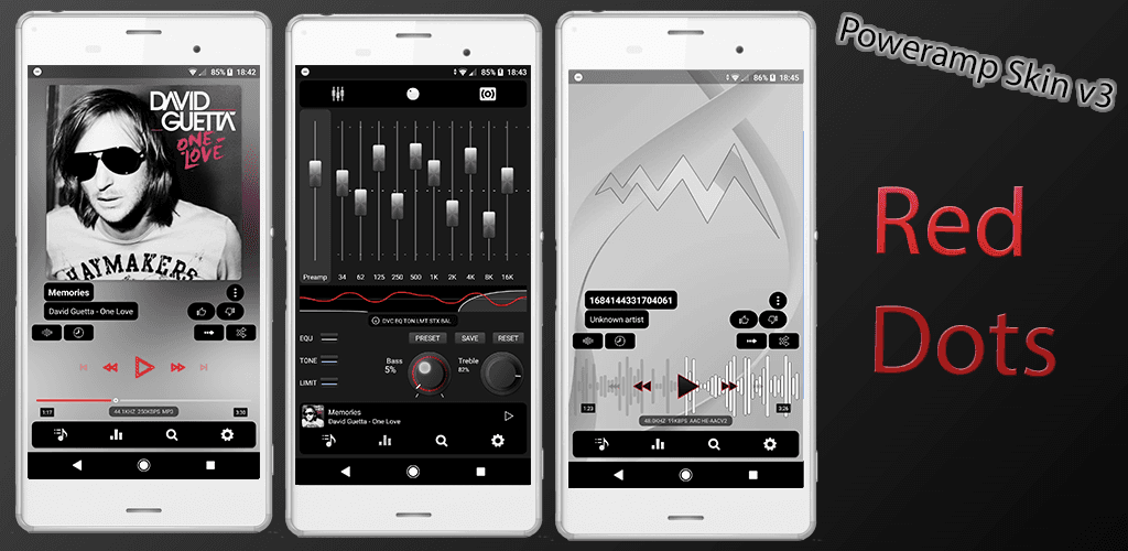 Poweramp-v3-Android-Skin-Feature-Grafik mit detaillierten custom UI-Assets